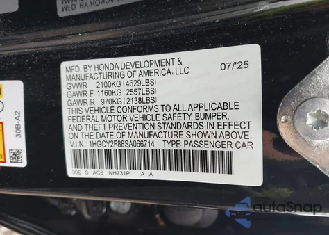 2025 Honda Accord Hybrid Touring from USA, damaged, VIN 1HGCY2F88SA066714